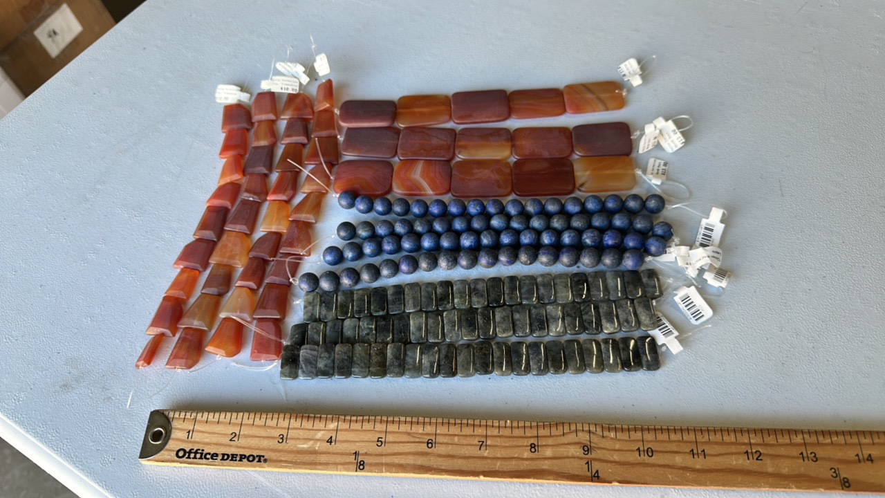 Gemstone Bead Strands 8 inch- 12mm matte Lapis, Faceted Trapazoid and 30x40mm Carnelian Rectangle, 10x20mm Labradorite double drill. (Lot 14ea)
