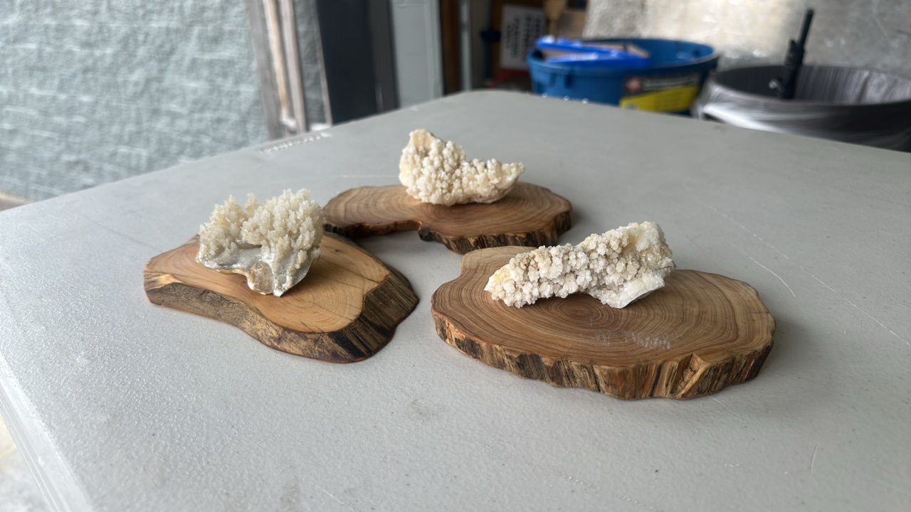 3 crystal clusters on calcite with wood bases. (Lot 3)