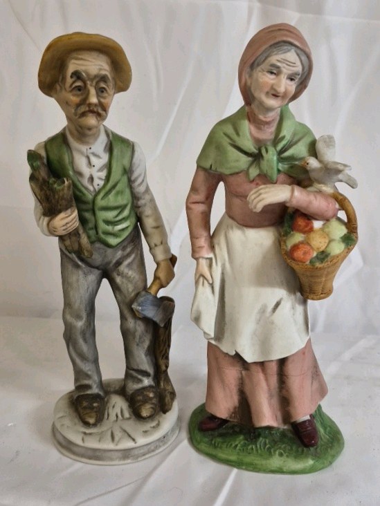 Hand Painted Ceramic Farmer Couple Figurines
