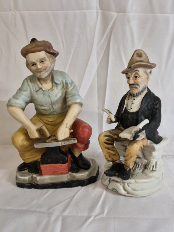 Hand Painted Ceramic Blacksmith and Seated Man Figurines
