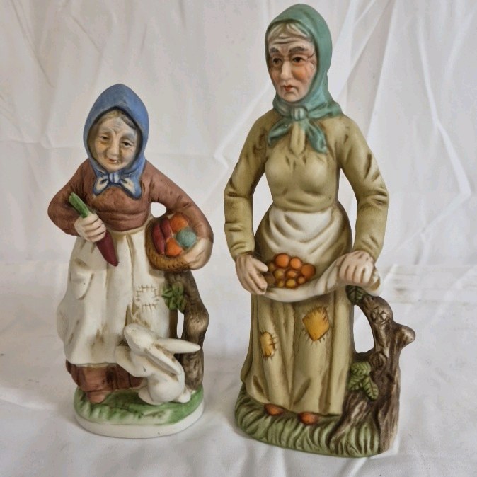 Hand Painted Figurines Women with Vegetables and Rabbit Scene