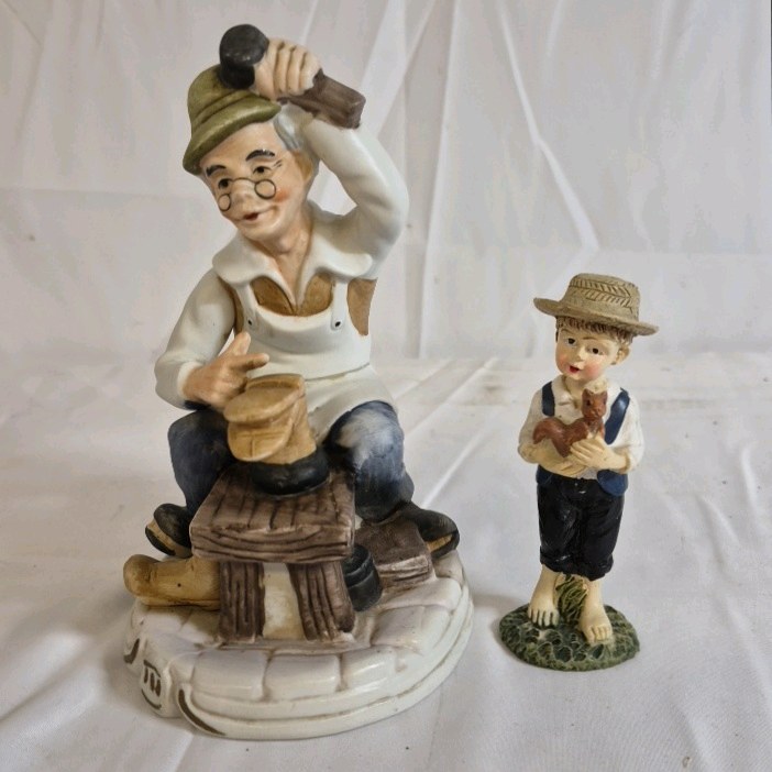 Hand Painted Figurine Man Cobbler Scene with Boy Figure