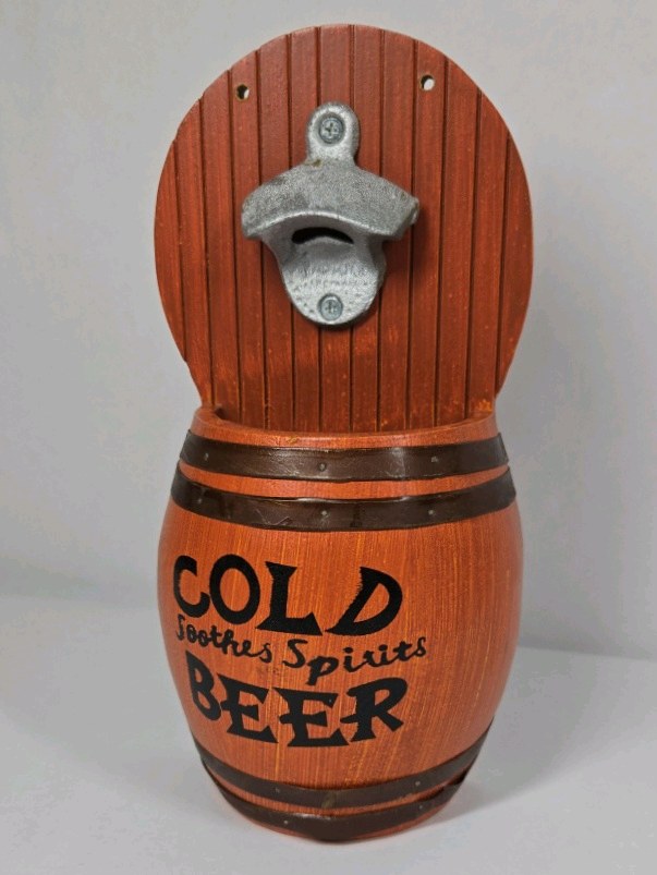 Barrel Style Wall Mount Bottle Opener with Cap Catch