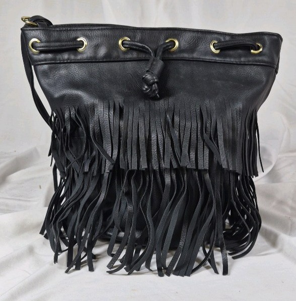 Black Fringe Drawstring Shoulder Bag