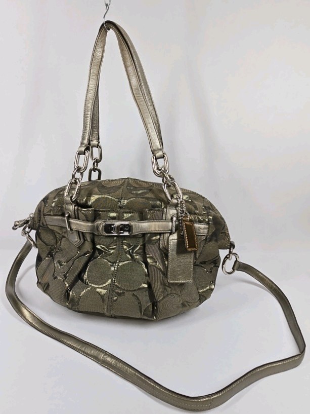 Coach Signature Patent Leather Satchel Handbag Metallic Gray Shoulder Bag