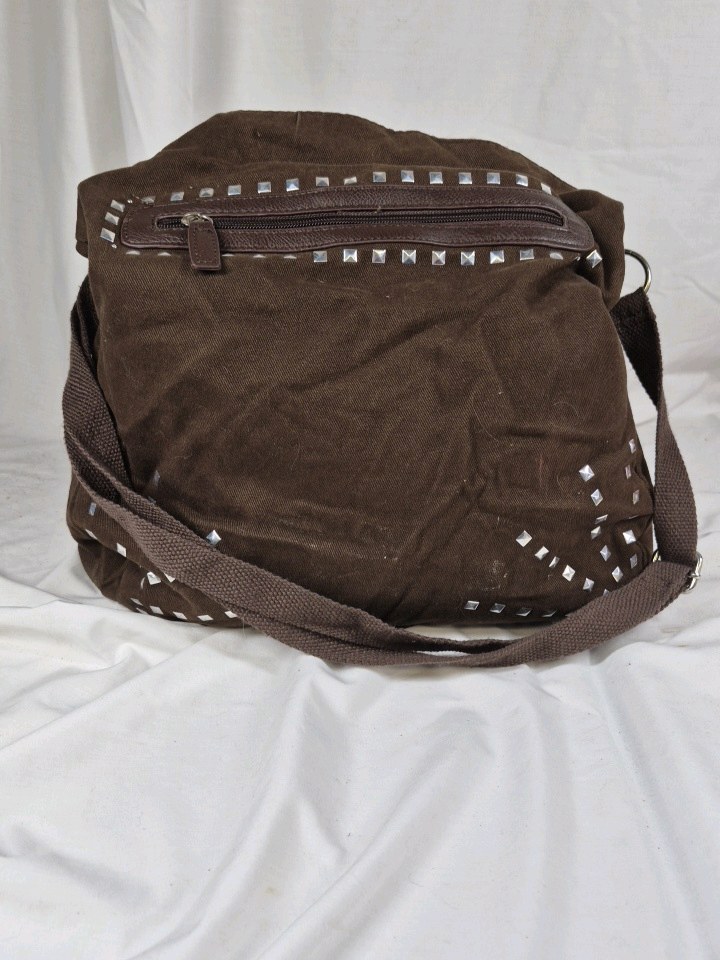 Brown Studded Canvas Shoulder Bag