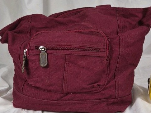 Burgundy Fabric Shoulder Bag with Front Zip Pocket