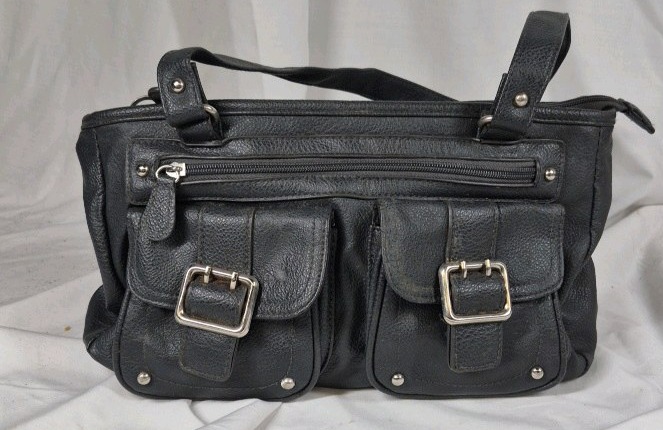 Black Faux Leather Handbag with Buckle Pockets