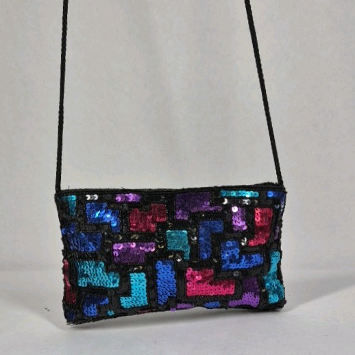 Vintage Sequin Clutch Purse Multicolor Beaded Evening Bag Shoulder Strap