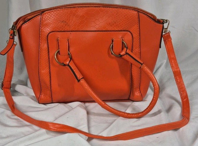 Orange Textured Faux Leather Handbag with Shoulder Strap