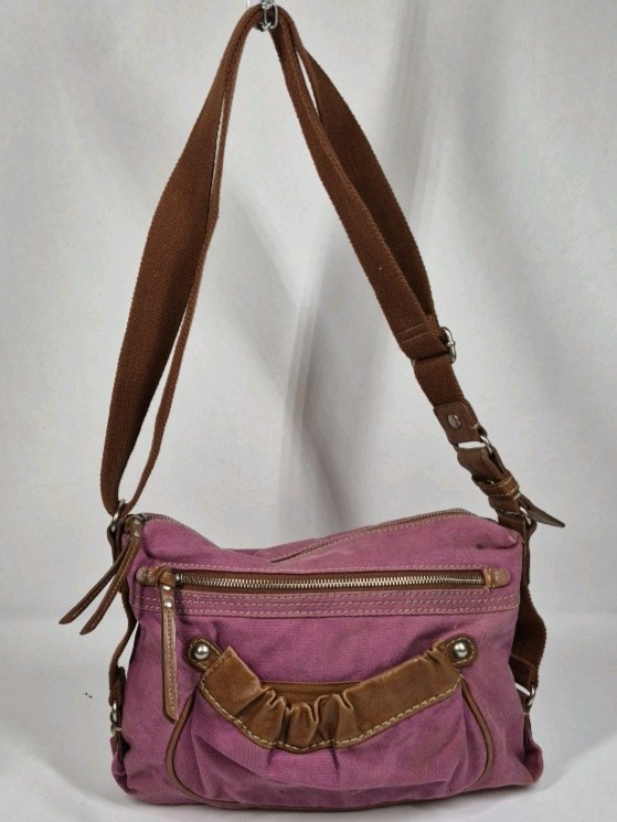 Fossil Crossbody Bag Pink Canvas Brown Leather Trim Adjustable Strap