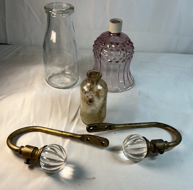 Mixed Glass Bottles and Curtain Tieback Hooks Lot