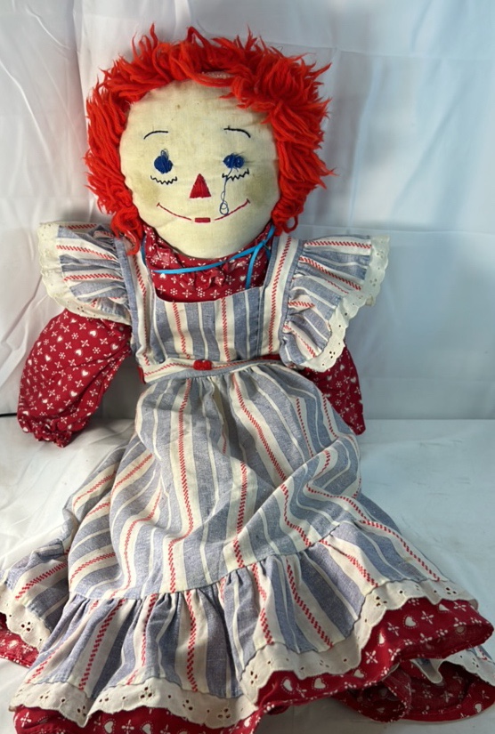 Vintage Raggedy Ann Cloth Doll  Red Yarn Hair Blue Stripe Dress