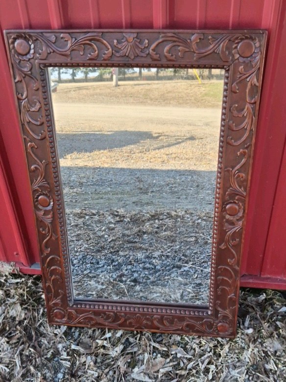 Ornate Wood Framed Wall Mirror Carved Floral Design Brown