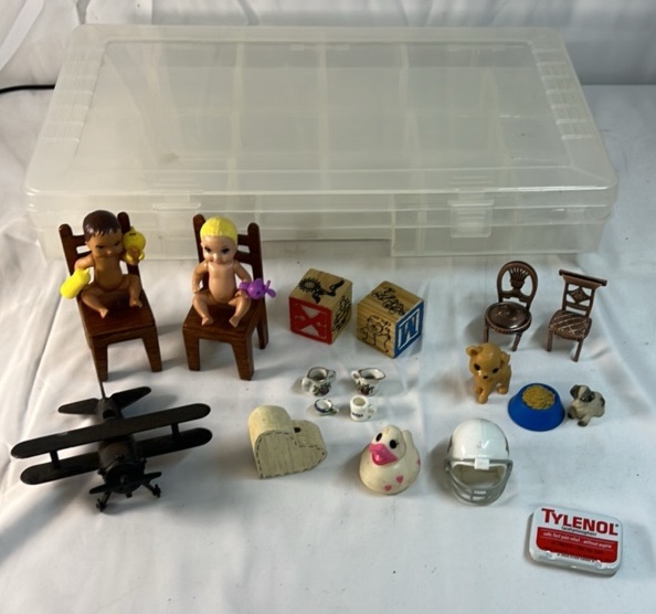 Assorted Miniatures and Small Toys  Dolls Chairs Blocks Plane Figures