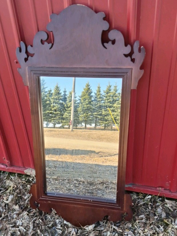 Wood Framed Wall Mirror Decorative Scroll Top Design Brown