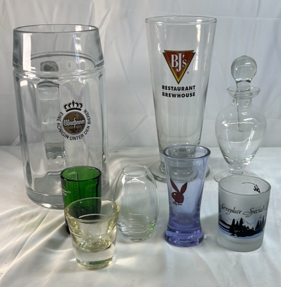 Assorted Drinkware Glasses  Beer Mug BJs Pint Playboy Shot Glass Decanter