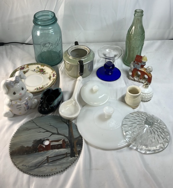 Assorted Vintage Glassware and Kitchenware  Ball Jar Milk Glass Painted Plate