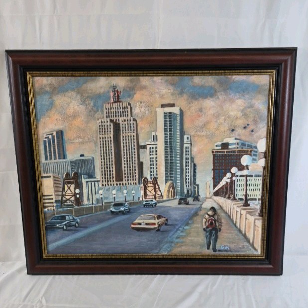 Framed City Street Painting  Urban Skyline Bridge Scene Artwork