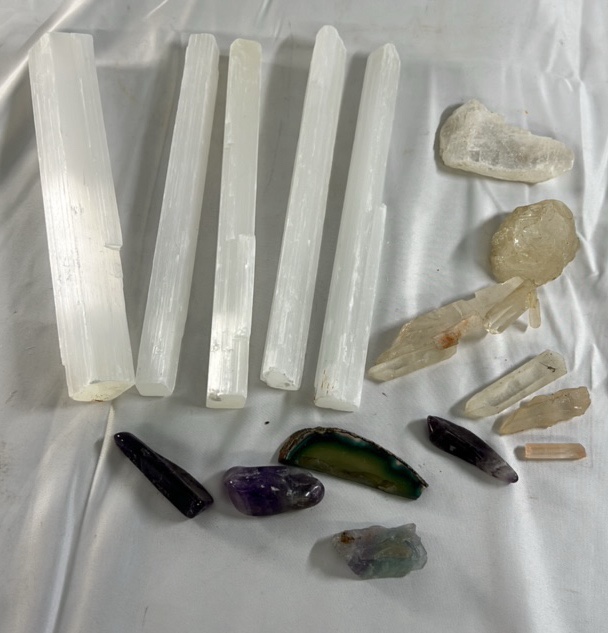 Mixed Mineral Specimens Selenite Quartz and Polished Stones