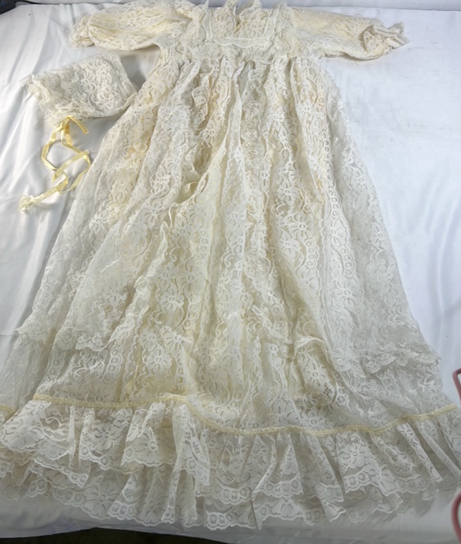 Vintage Lace Dress with Bonnet  Cream Floral Pattern