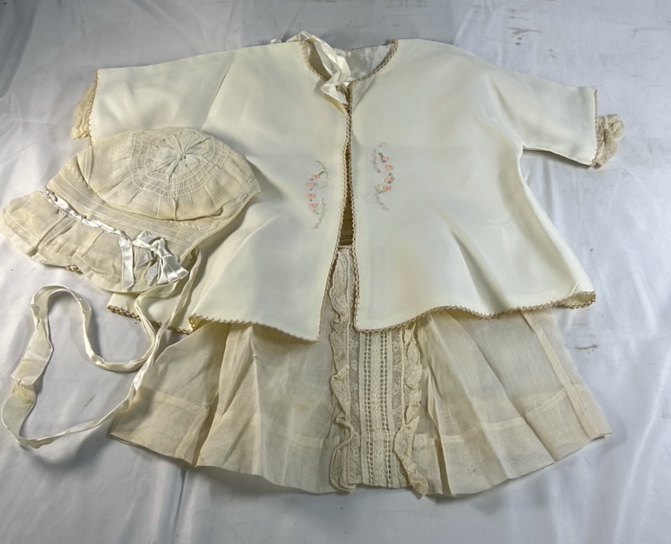 Tru Vintage Baby Outfit with Bonnet  Cream Embroidered Dress Set