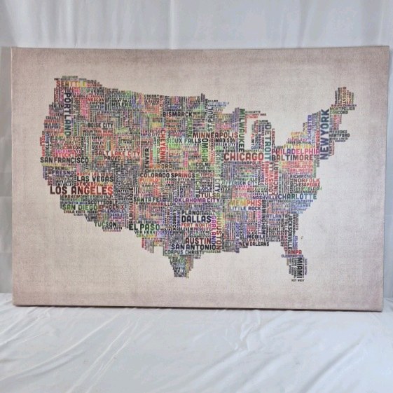 USA Map Word Art Canvas  City Names Typography Wall Art