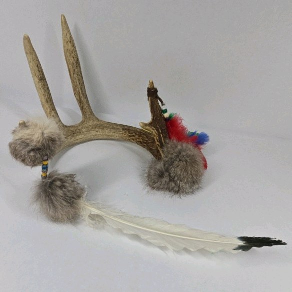 Decorative Antler Piece with Fur and Feather Accents