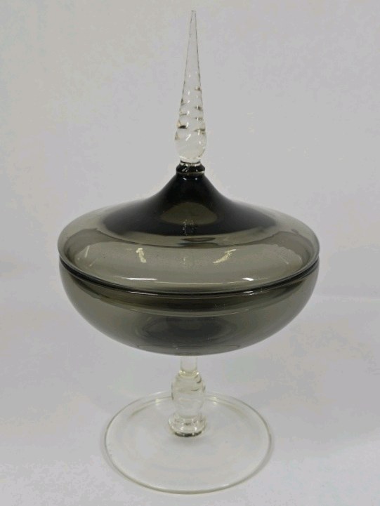 Smoked Glass Pedestal Candy Dish with Lid