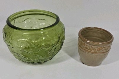 Green Embossed Glass Bowl and Ceramic Planter  Textured Floral Design