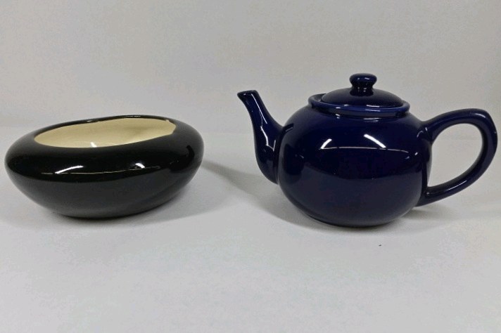 Blue Teapot and Black Ceramic Bowl