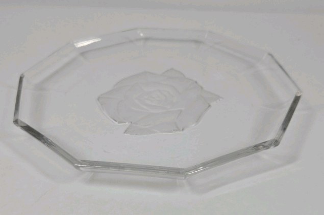 Clear Glass Octagon Dish  Etched Rose Design