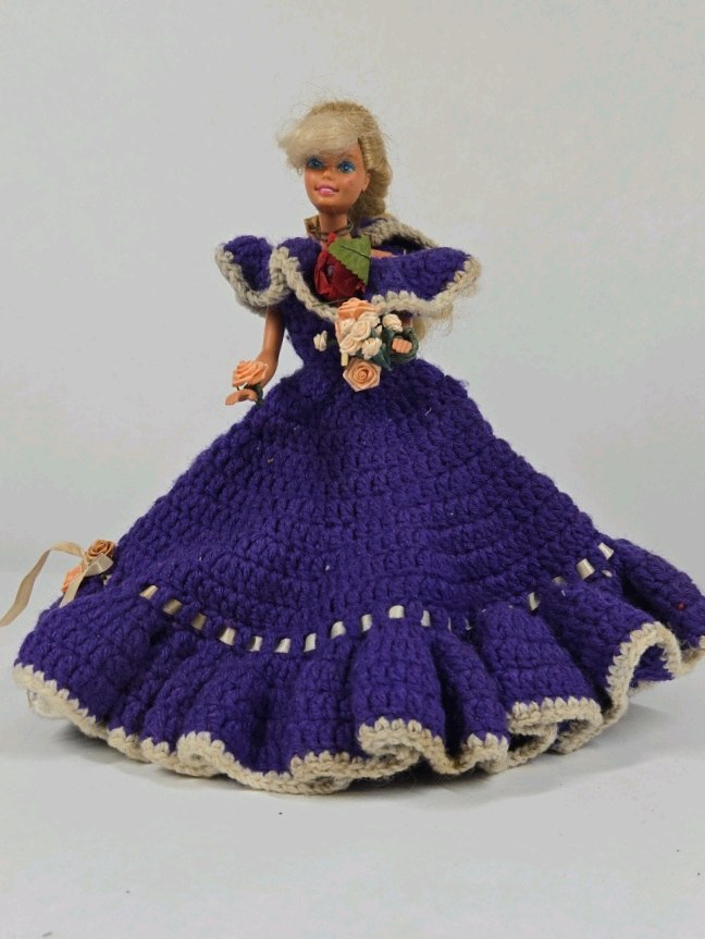 Vintage Mattel Barbie Doll 1966 Malaysia  Crochet Dress Purple Gown