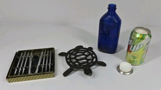Cobalt Blue Bottle, Cast Iron Trivet, and Tool Set Lot