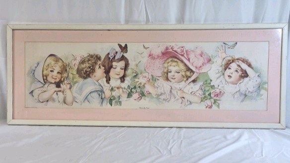 Vintage Framed Children Illustration Print  Victorian Style Pastel Artwork