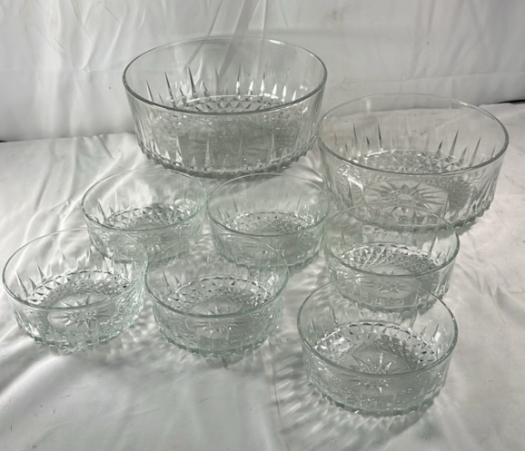 Cut Glass Bowl Set Large Serving Bowls with Matching Dessert Bowls Lot