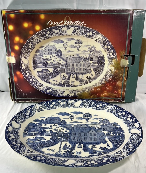 Sanyei Japan Blue and White Oval Platter with Box