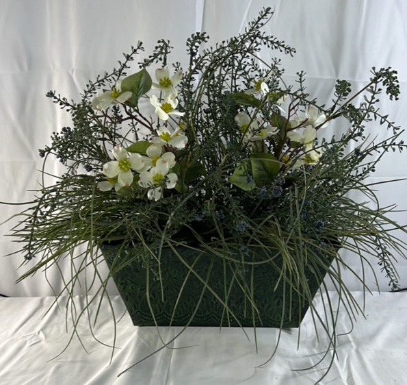 Artificial Floral Arrangement White Flowers Greenery in Decorative Planter