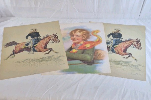 Vintage Western & Portrait Prints Lot of 3  Cowboy Horse Rider & Woman Illustration Art