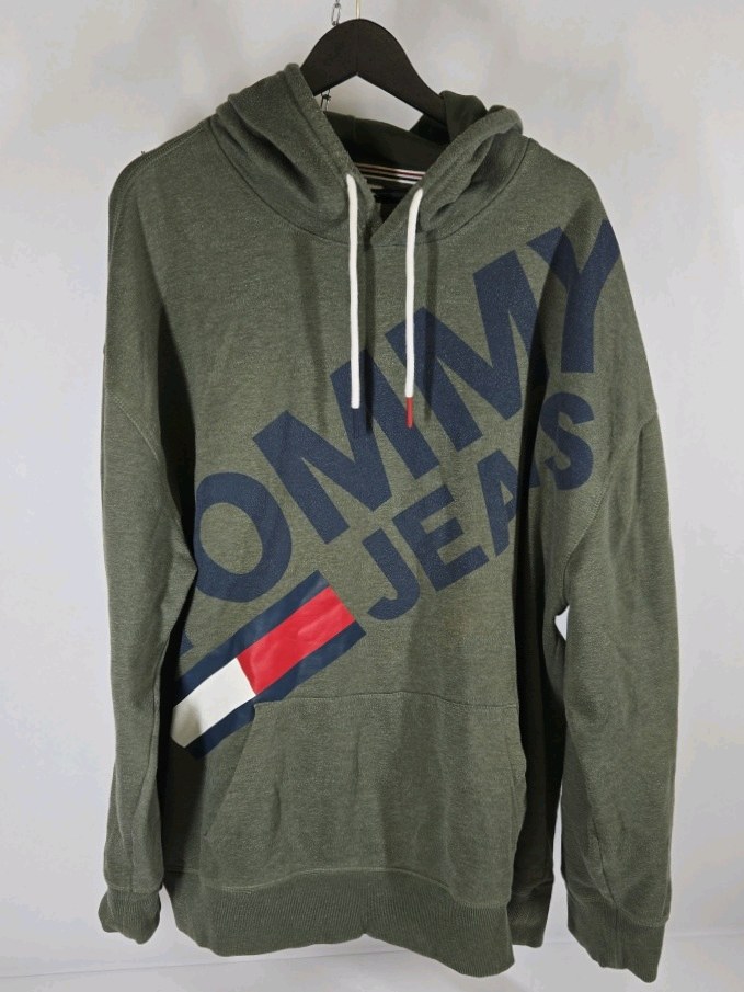 Tommy Jeans Hoodie Mens XXXL Green Pullover Long Sleeve Logo Sweatshirt