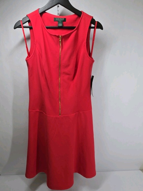 Lauren Ralph Lauren Red Sleeveless Dress Gold Zipper Fit Flare Style