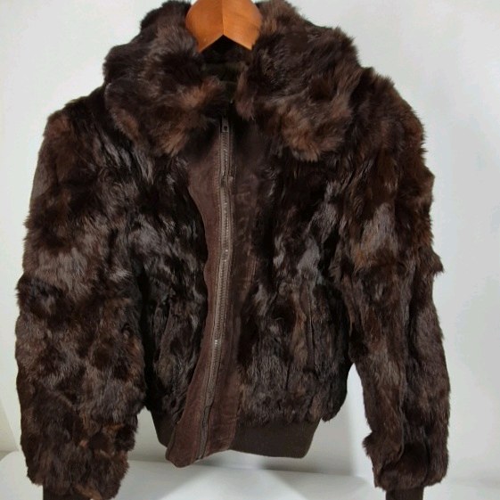 Vintage Womens Genuine Rabbit Fur Jacket Brown Full Zip Coat Size M