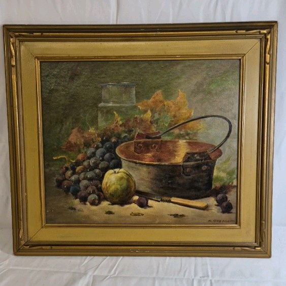 A. Cessner Still Life Painting  Framed Fruit and Copper Pot Artwork