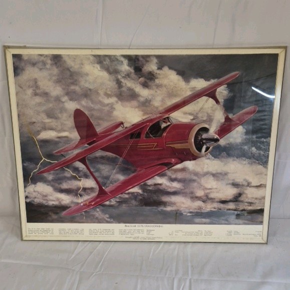 Vintage Aviation Poster  Red Biplane in Storm Sky Airplane Wall Art
