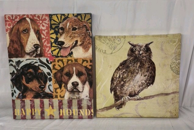 Vintage Dog & Owl Canvas Wall Art Set Hound Dogs Owl Rustic Decor