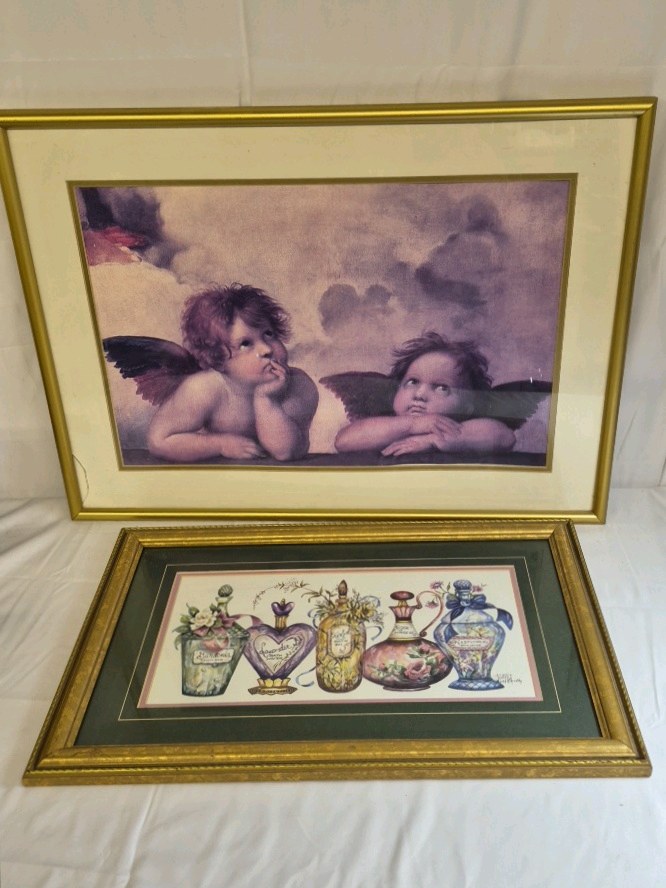 Vintage Framed Wall Art Set Cherub Angels & Perfume Bottles Prints