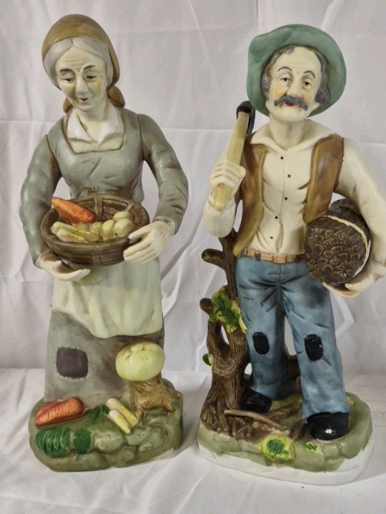 Vintage Farmer Couple Figurines Man Woman Harvest Decor Set