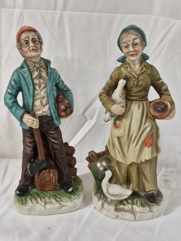 Vintage Porcelain Farmer Couple Figurines Japan Hand Painted Set