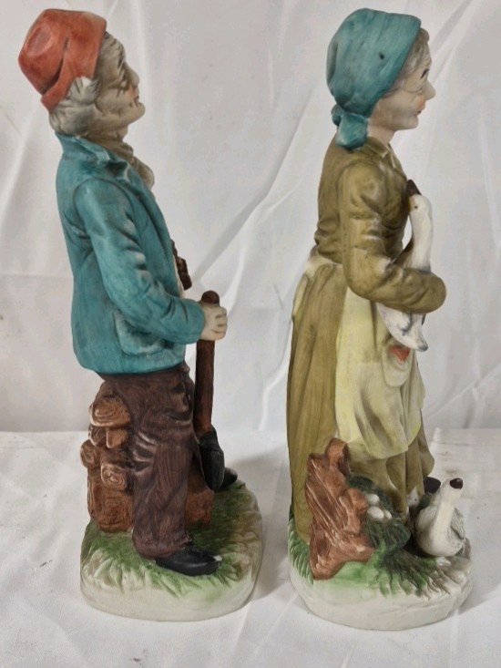 Vintage Porcelain Farmer Couple Figurines Japan Hand Painted Set