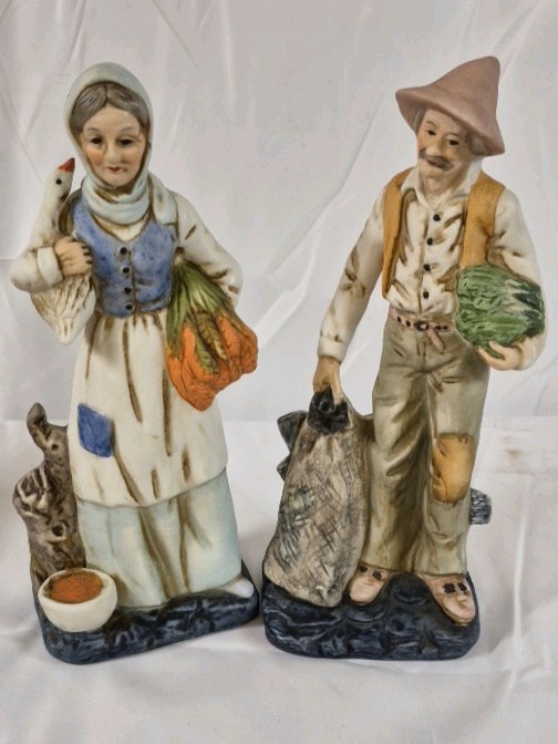 Vintage Porcelain Farmer Couple Figurines Man Woman Farm Animals Set